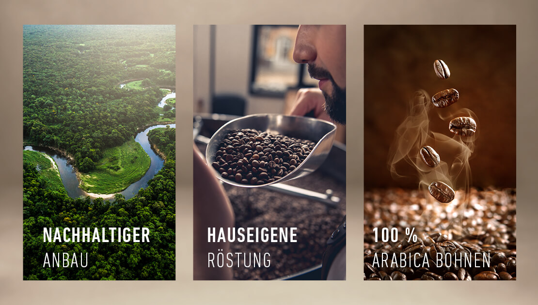 Zertifizierter Kaffee: Nachhaltiger Anbau mit Regenwald-Motiv, hauseigene Röstung mit Barista bei der Bohnenprüfung und 100 % Arabica Bohnen als dampfende Nahaufnahme.