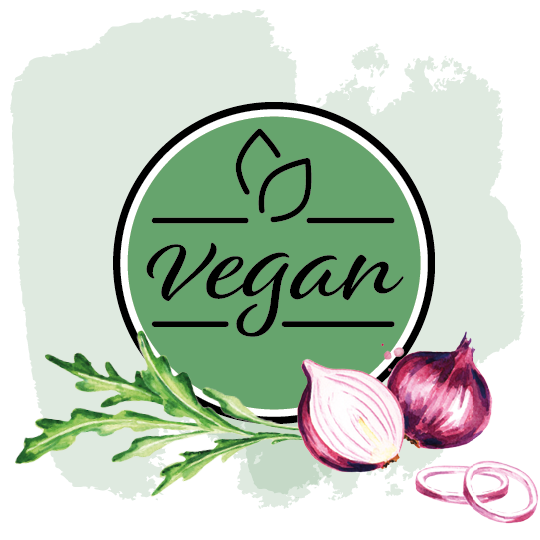 Vegan Logo und Skizzen von Zwiebeln und Rucola