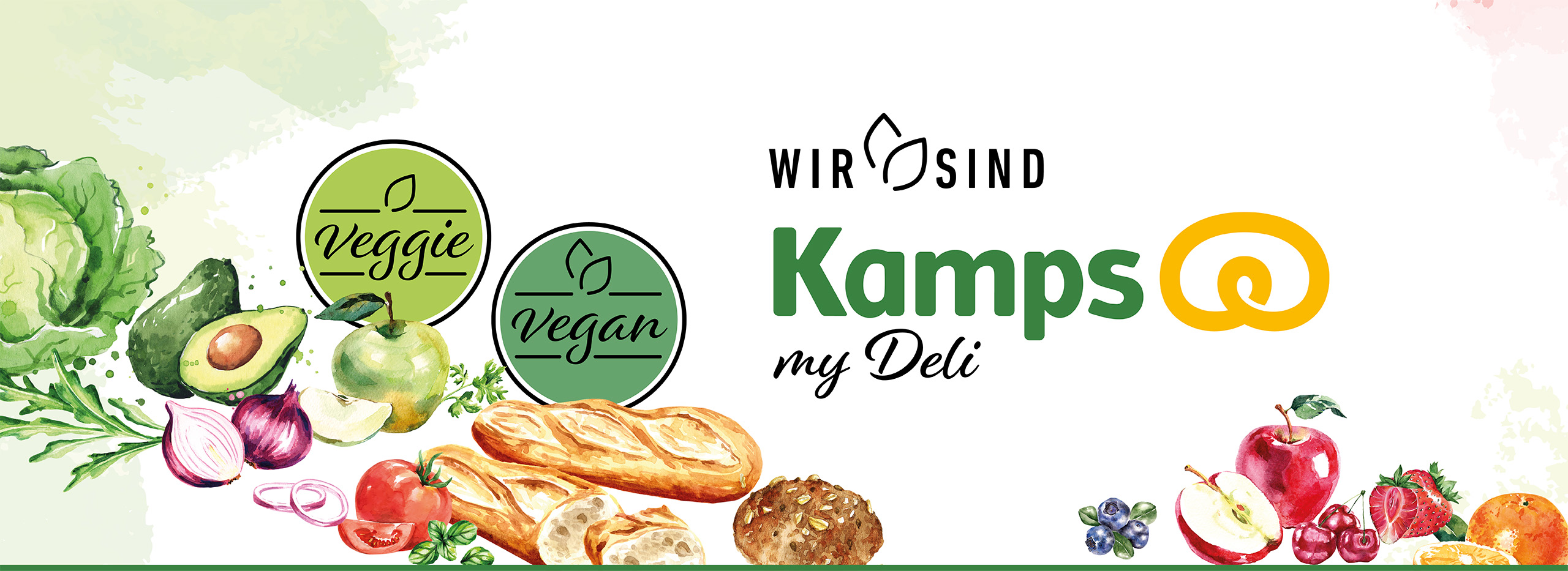 Header-Grafik mit einem Veggie- und einem Vegan-Logo, der Kamps Brezel und dem Schriftzug WIR SIND Kamps my Deli, dazu Skizzen von Broten, Obst und Gemüse.