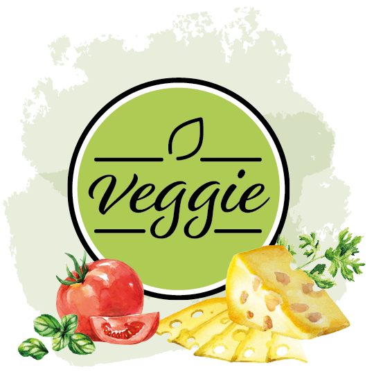 Veggie Logo und Skizzen von Tomaten, Basilikum und Käse
