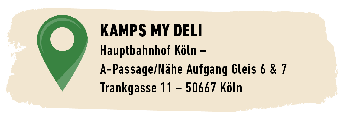 Der Standort von Kamps my Deli in Köln: Hauptbahnhof Köln, A-Passage/Nähe Aufgang Gleis 6 & 7, Trankgasse 11, 50667 Köln