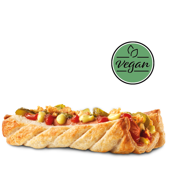 Veganes Würstchen auf Erbsenbasis mit Dijoncreme, Tomatenketchup, Gurken und Röstzwiebeln